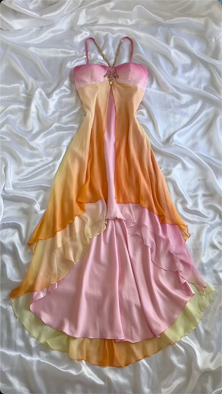 Fairytale High-Low Halter Straps Ombre Chiffon Orange Prom & Evening Dress With Beads - FashionDia