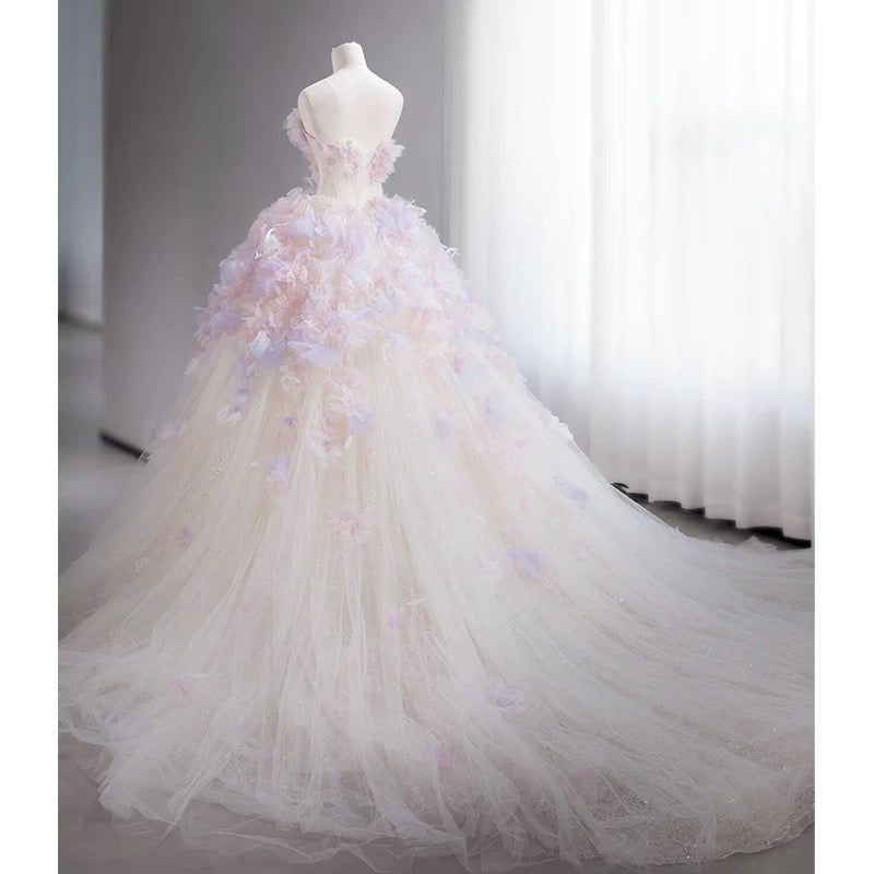 Modest Ball Gown Sweetheart Tulle Long Flowers Sweet 16 Dresses - View 3 | FashionDia
