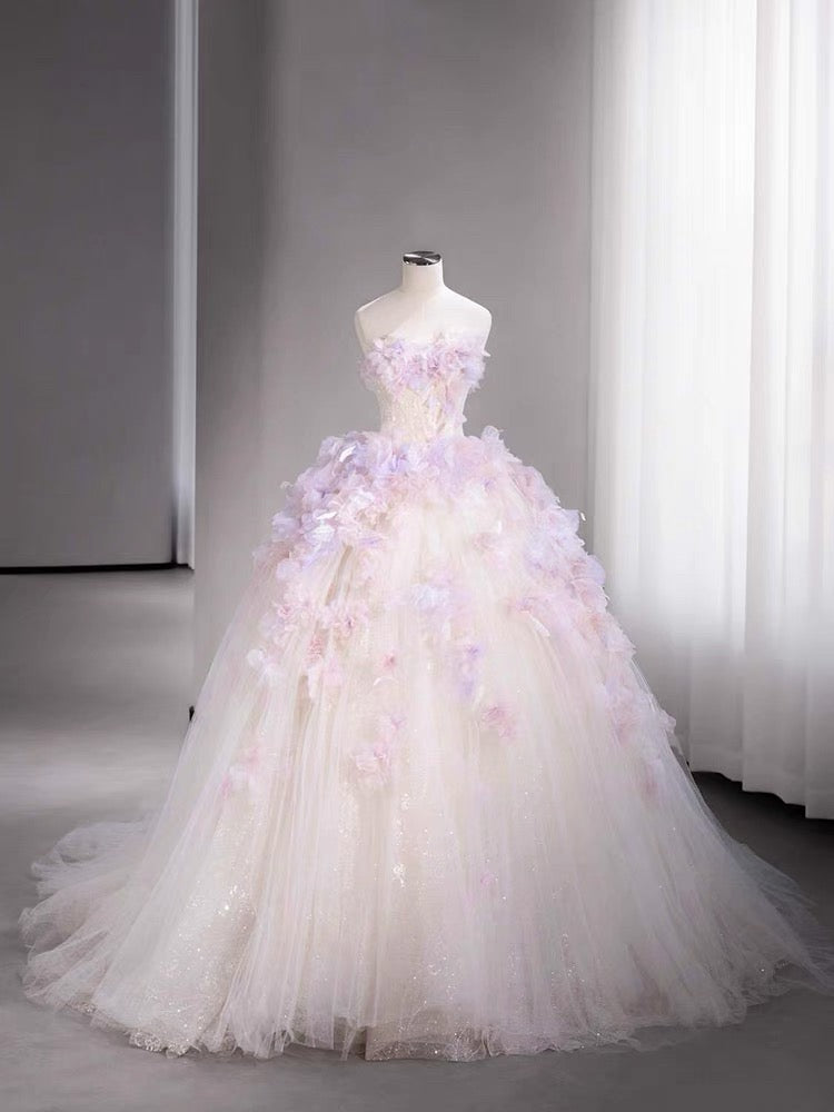 Modest Ball Gown Sweetheart Tulle Long Flowers Sweet 16 Dresses - FashionDia