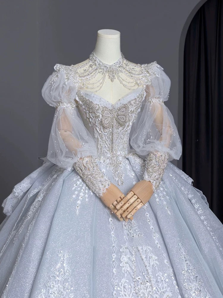 Dreamy Ball Gown Sweetheart Long Puffy Sleeves Lace Wedding Dresses With Beads - View 2 | FashionDia
