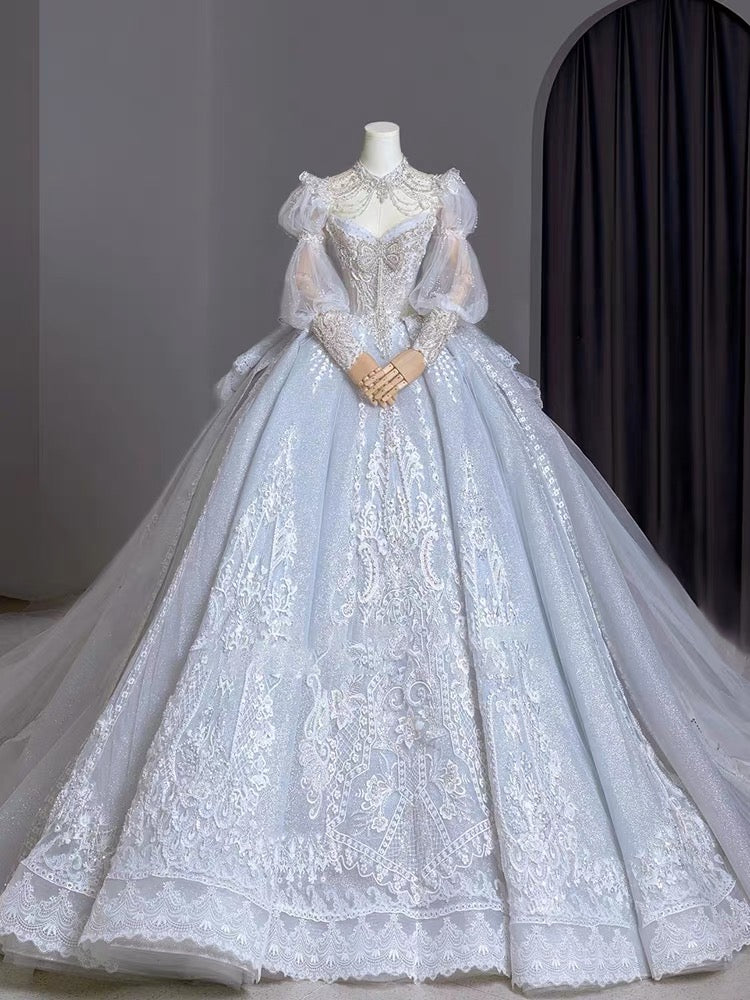 Dreamy Ball Gown Sweetheart Long Puffy Sleeves Lace Wedding Dresses With Beads