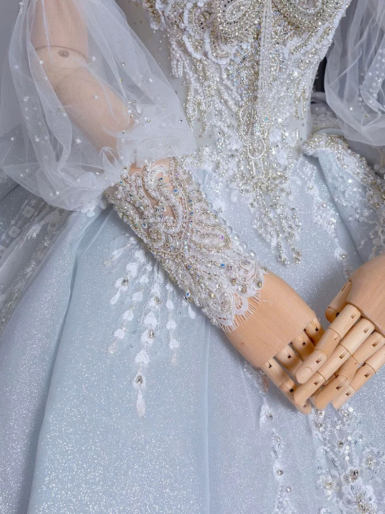 Dreamy Ball Gown Sweetheart Long Puffy Sleeves Lace Wedding Dresses With Beads - View 5 | FashionDia
