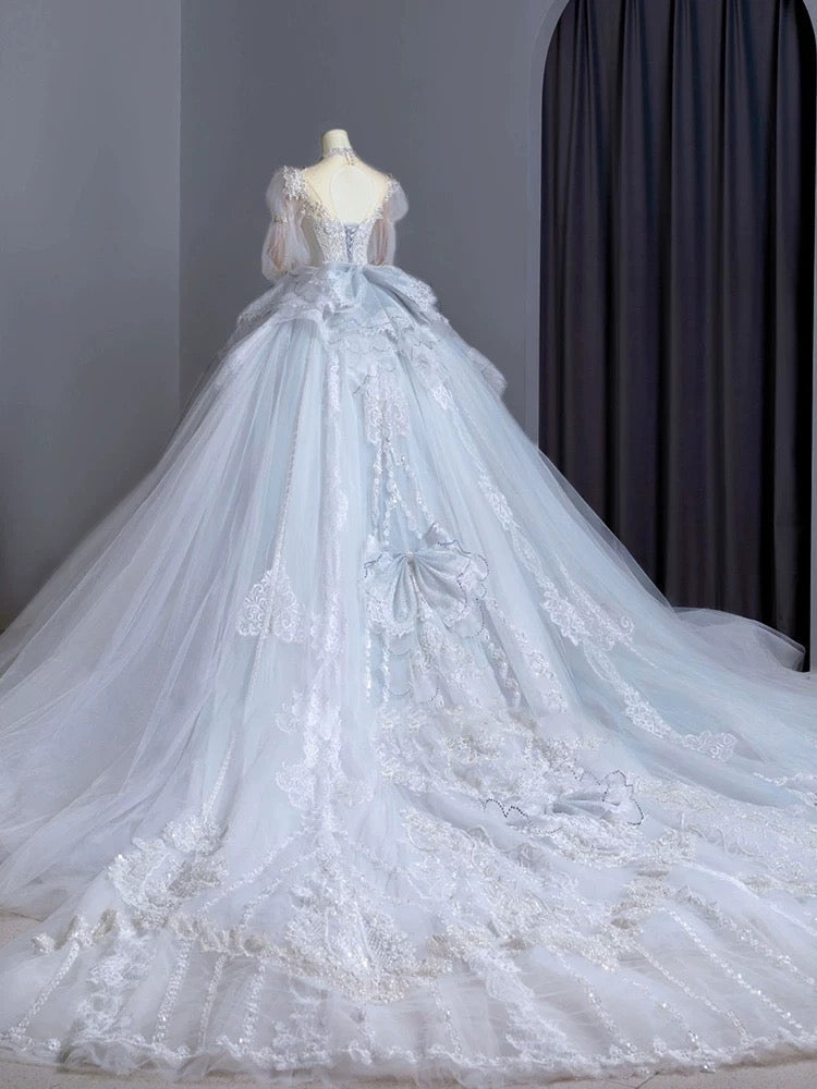 Dreamy Ball Gown Sweetheart Long Puffy Sleeves Lace Wedding Dresses With Beads - View 3 | FashionDia