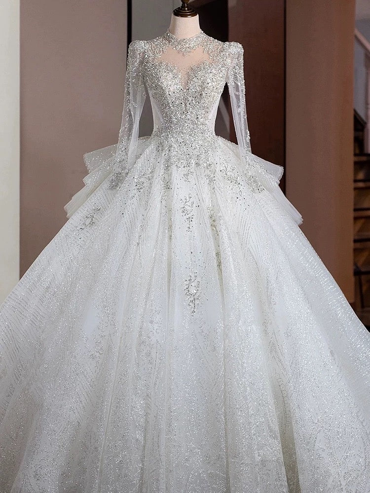 Dreamy Ball Gown High Neckline Sequin White Long Sleeves Wedding Dresses With Beads - View 2 | FashionDia