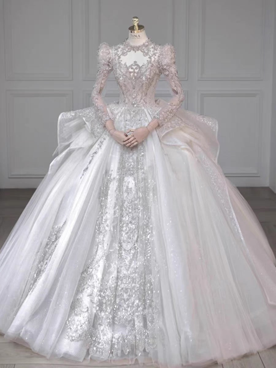 Chic Ball Gown Scoop White Long Sleeves Sequin Wedding Dresses With Beads Buttons