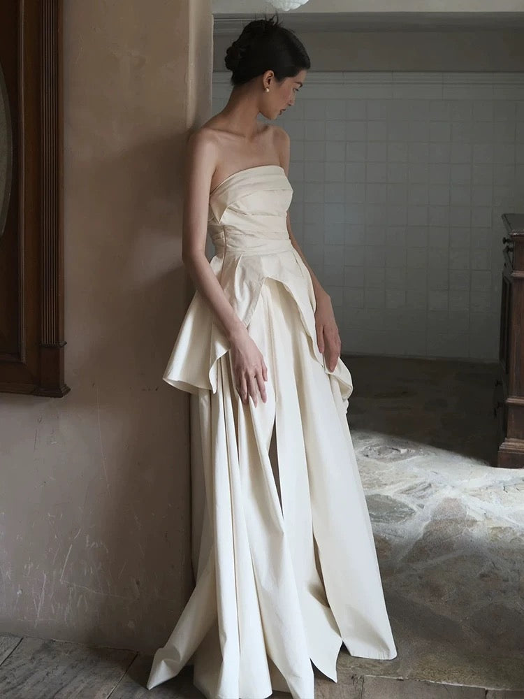 Chic A Line Strapless Sleeveless White Satin Slit Wedding Dresses