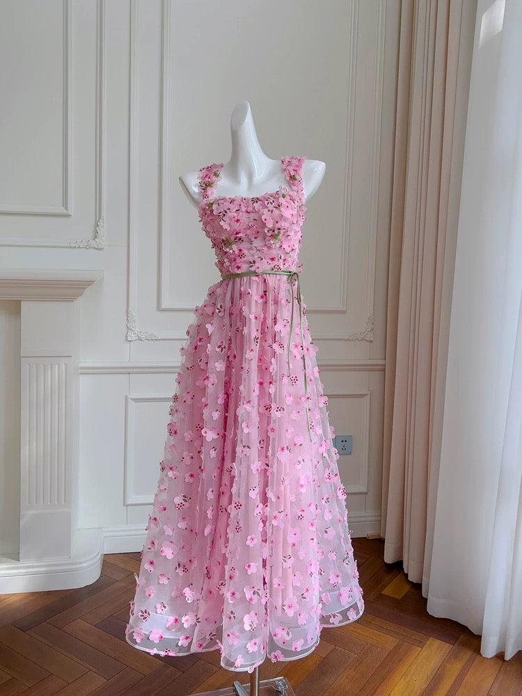 Modest A-Line Straps Sleeveless Pink Tulle Flowers Prom Dress Evening Dresses - FashionDia