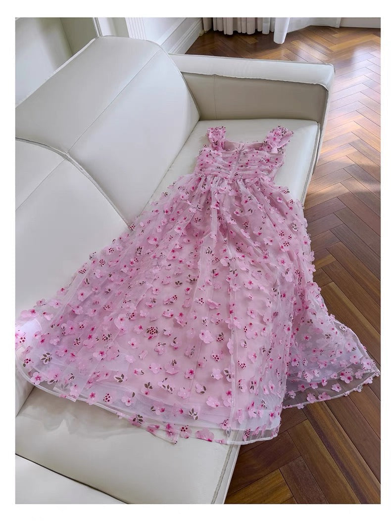Modest A line Straps Sleeveless Pink Tulle Flowers Prom Dress Evening Dresses