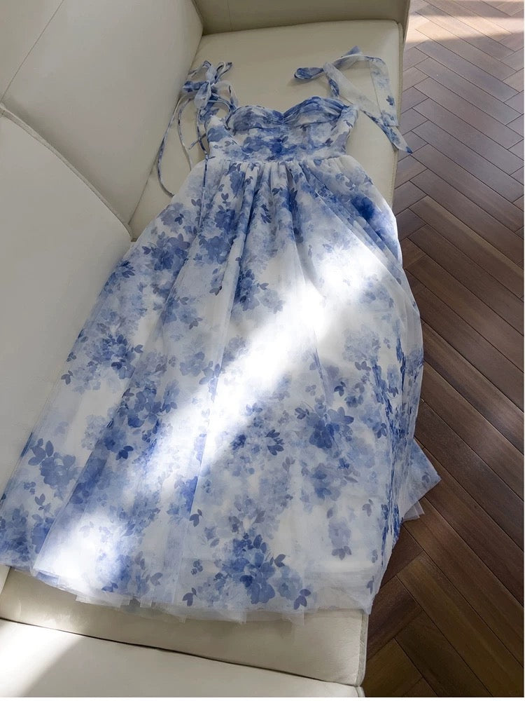 Sexy A line Spaghetti Straps Sleeveless Floral Blue Chiffon Prom Dresses