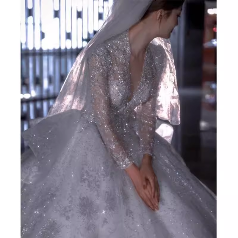 Luxury Ball Gown V Neckline Long Sleeves Lace Wedding Dress
