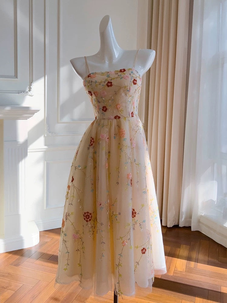 Fairytale A-Line Spagetti Straps Champagne Beads Tulle Homecoming Dress Birthday Dresses - FashionDia
