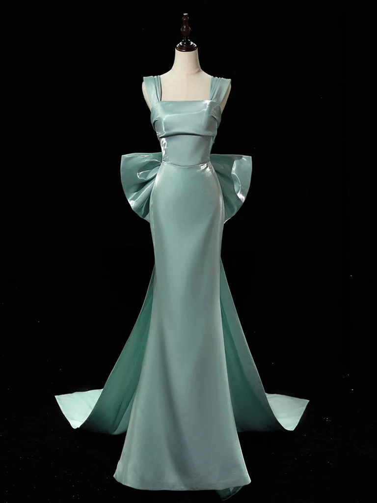 Simple Satin Green Long Prom Dress Green Formal Dress with Bow Tie - FashionDia