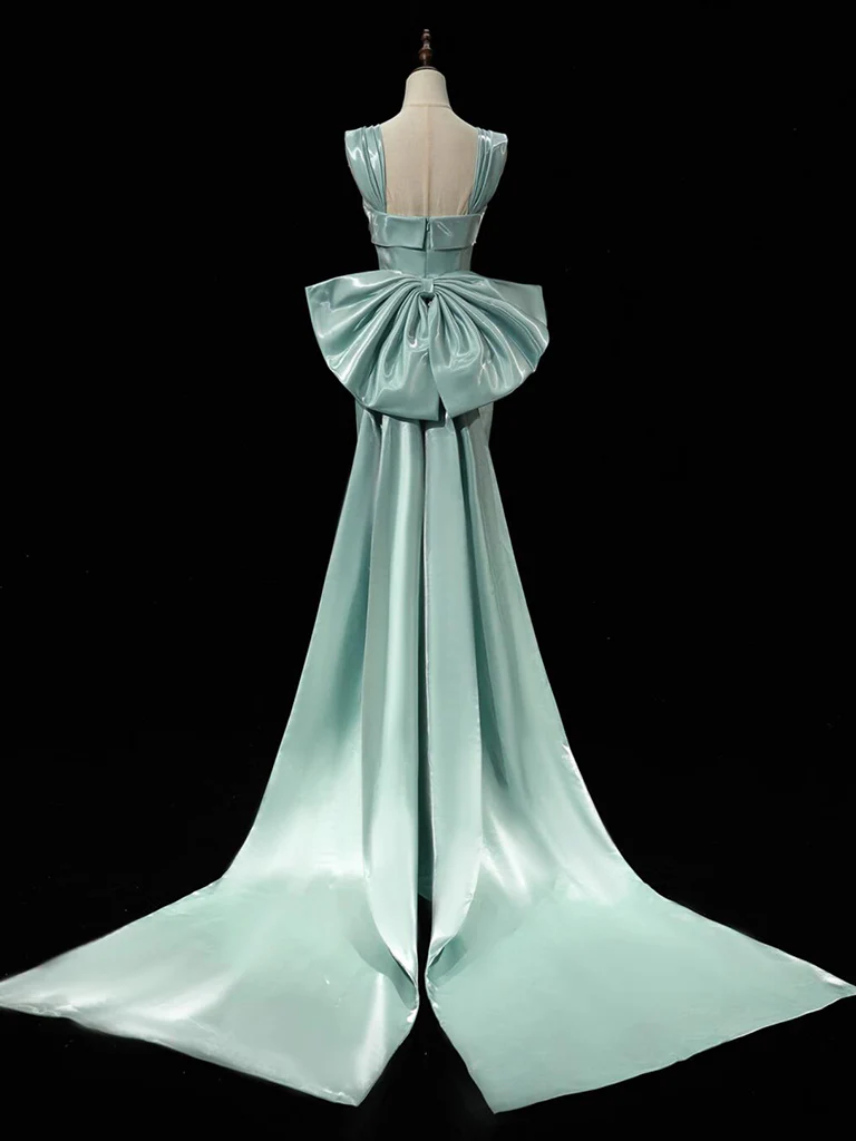 Simple Satin Green Long Prom Dress Green Formal Dress with Bow Tie - View 4 | FashionDia