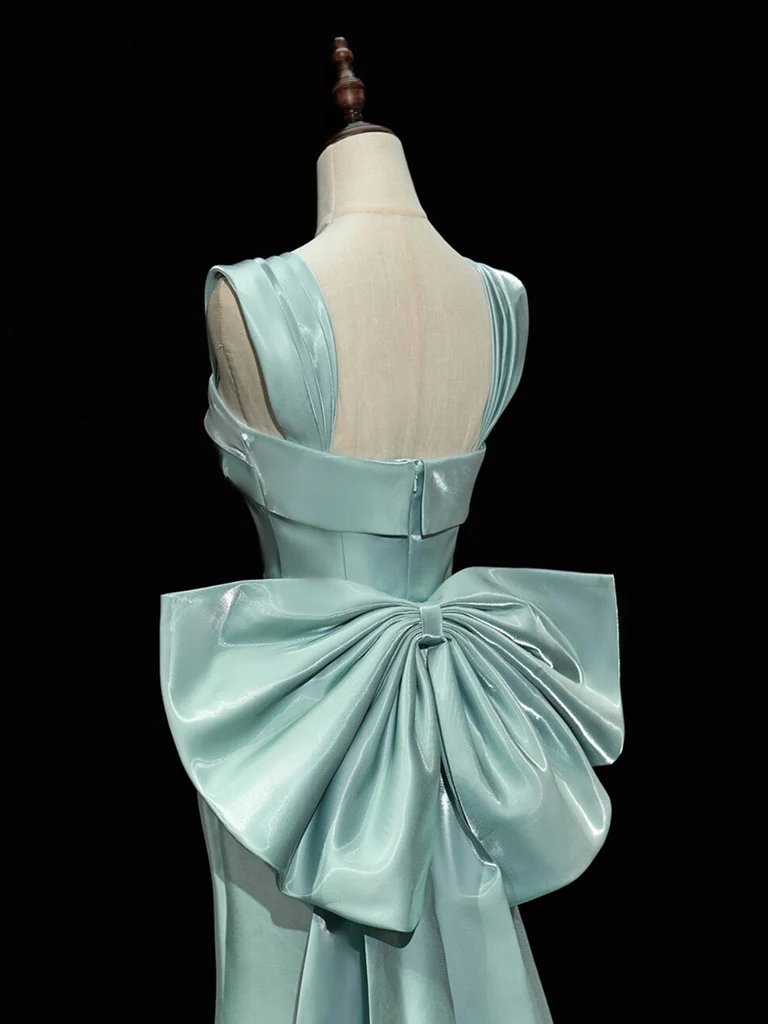 Simple Satin Green Long Prom Dress Green Formal Dress with Bow Tie - View 3 | FashionDia