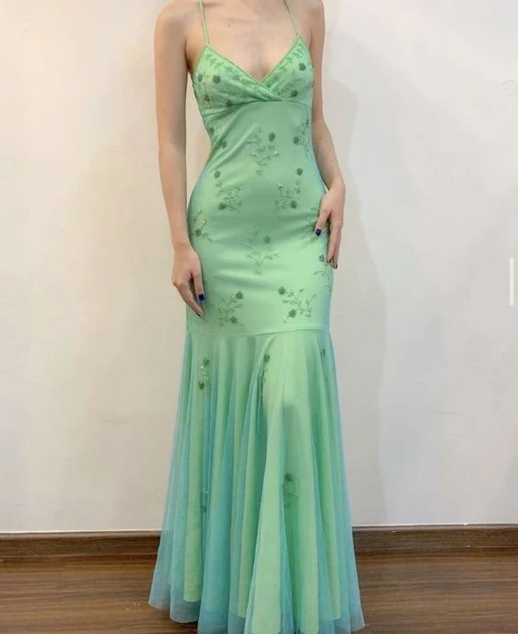 Classy Mermaid Beaded Spaghetti Straps Mint Green Long Prom & Evening Dress - FashionDia