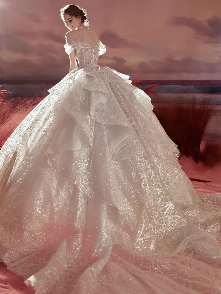 Princess Ball Gown Off The Shoulder Sequin Long Wedding Dresses C201