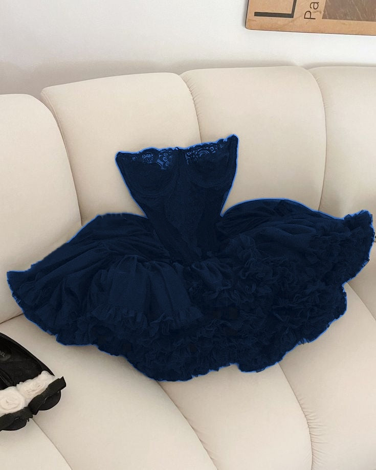 Cute Ball Gown Strapless Black Ruffles Lace Homecoming Dress Short Birthday Outfits - View 2 | FashionDia