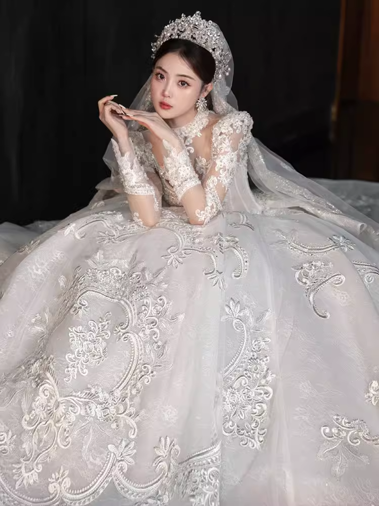 Elegant Ball Gown High neckline Long Sleeves Satin Wedding Dresses