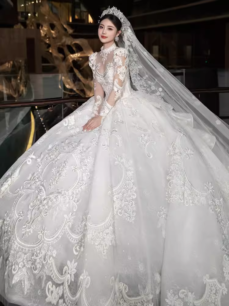 Elegant Ball Gown High neckline Long Sleeves Satin Wedding Dresses