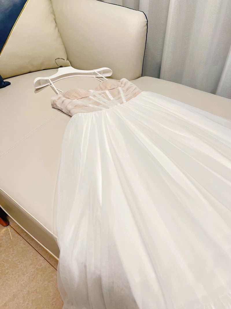 Simple A-Line Spaghetti Straps White Tulle Prom Dress Evening Dresses - FashionDia