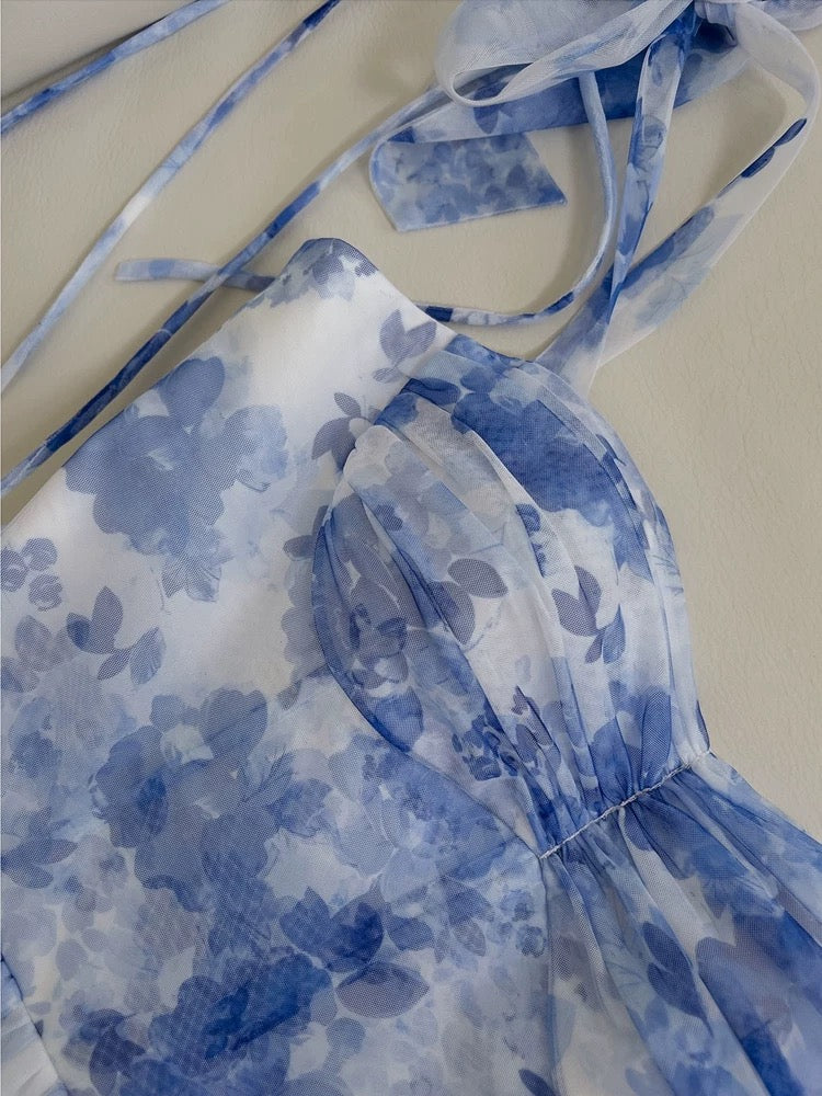 Pretty A Line Spaghetti Straps Long Blue Floral Prom Dress Evening Dresses