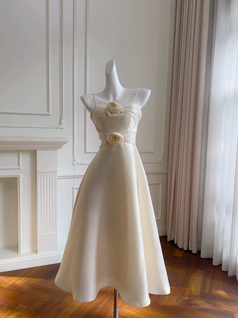 Modest A-Line Spaghetti Straps White Satin Ankle Length Prom Dress Formal Dresses - FashionDia