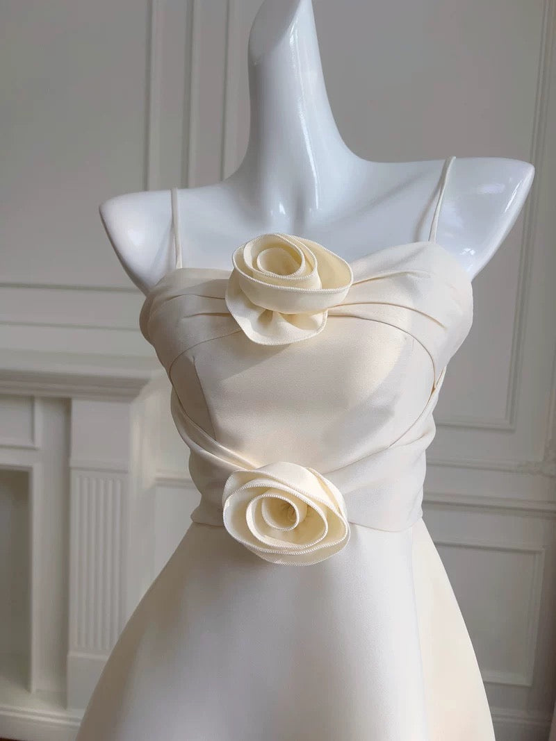 Modest A-Line Spaghetti Straps White Satin Ankle Length Prom Dress Formal Dresses - View 3 | FashionDia