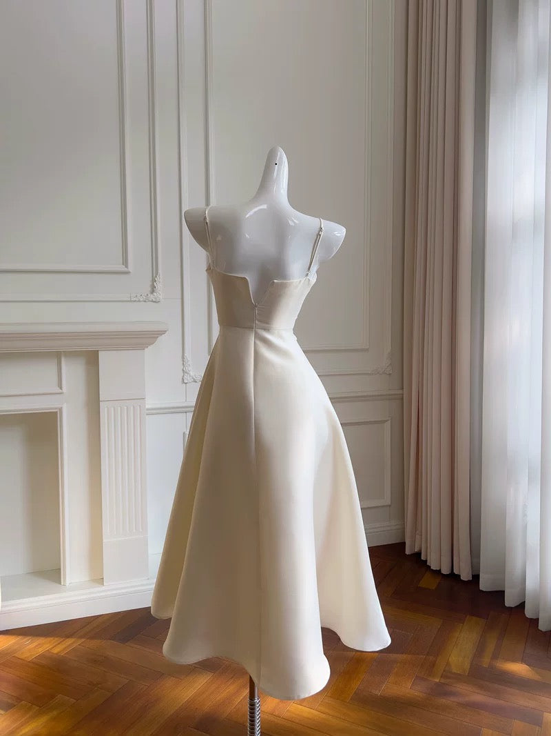 Modest A-Line Spaghetti Straps White Satin Ankle Length Prom Dress Formal Dresses - View 2 | FashionDia