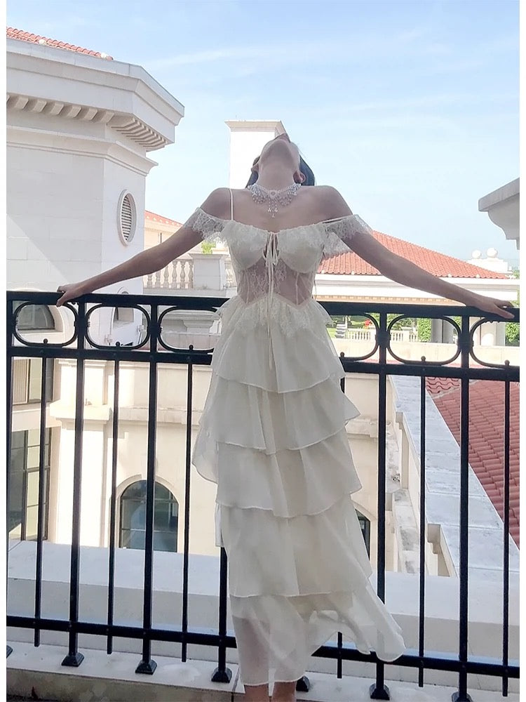 Modest A-Line Spaghetti Straps Long White Chiffon Prom Dress Evening Dresses - FashionDia
