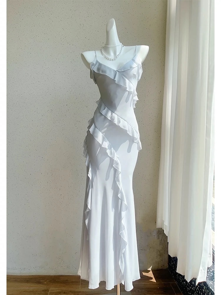 Modest Sheath Spaghetti Straps Chiffon Long Prom & Evening Dress With Ruffles - FashionDia