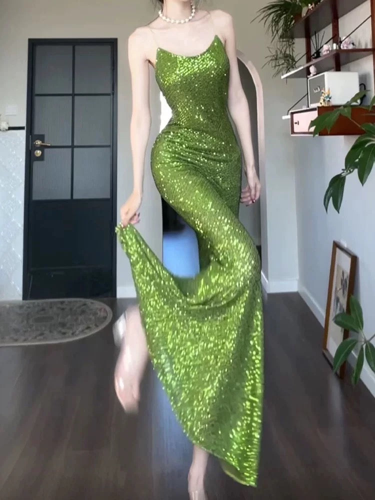 Pretty Sheath Spaghetti Straps Green Sequin Prom Dresses Sexy Evening Dress