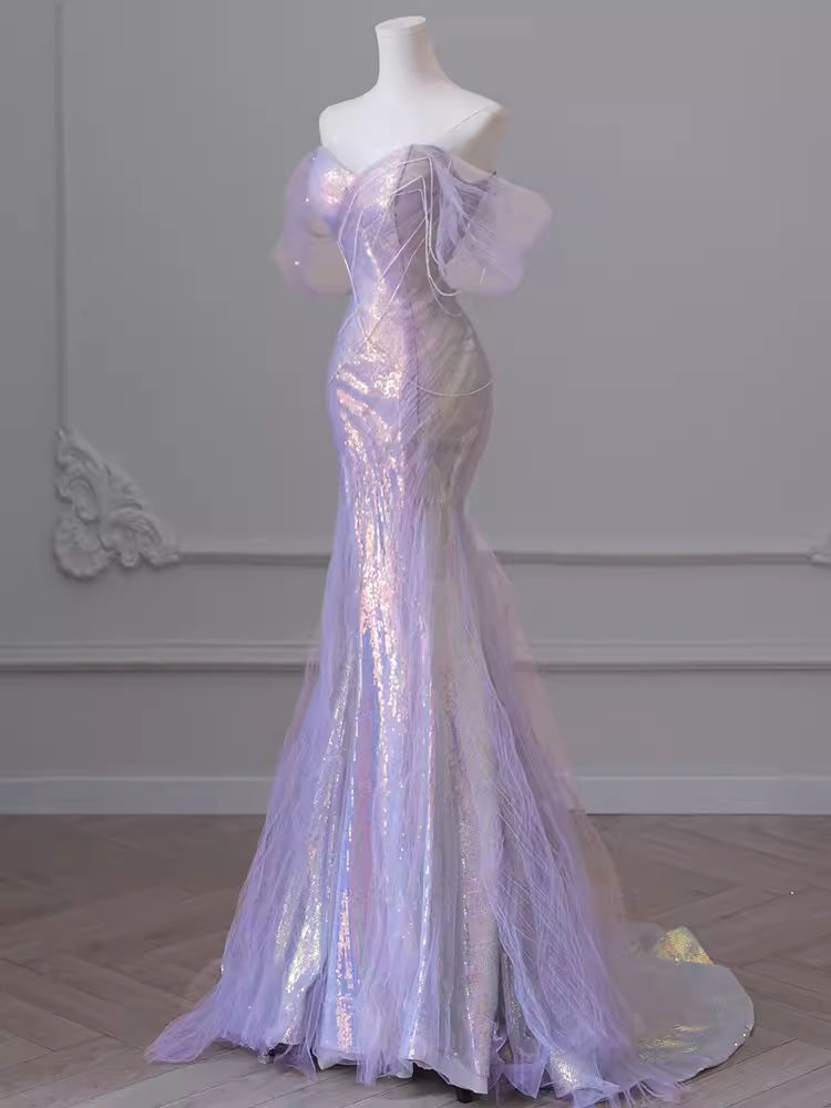 Sexy Mermaid Off-the-Shoulder Light Lilac Long Prom Dresses Tulle Birthday Outfits - View 2 | FashionDia