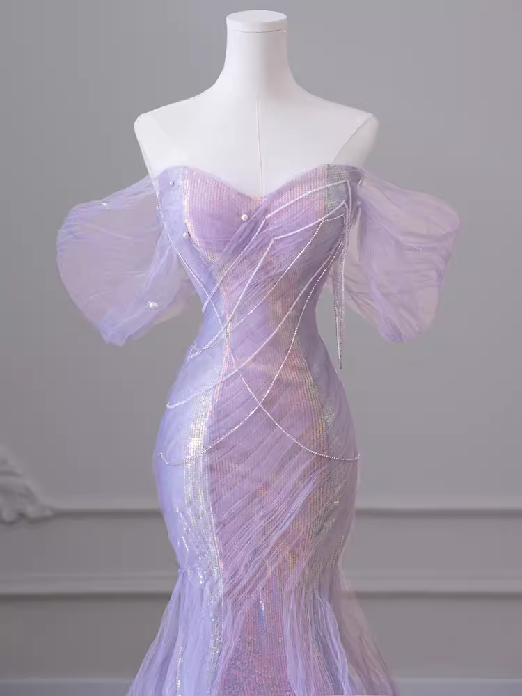 Sexy Mermaid Off-the-Shoulder Light Lilac Long Prom Dresses Tulle Birthday Outfits - View 4 | FashionDia