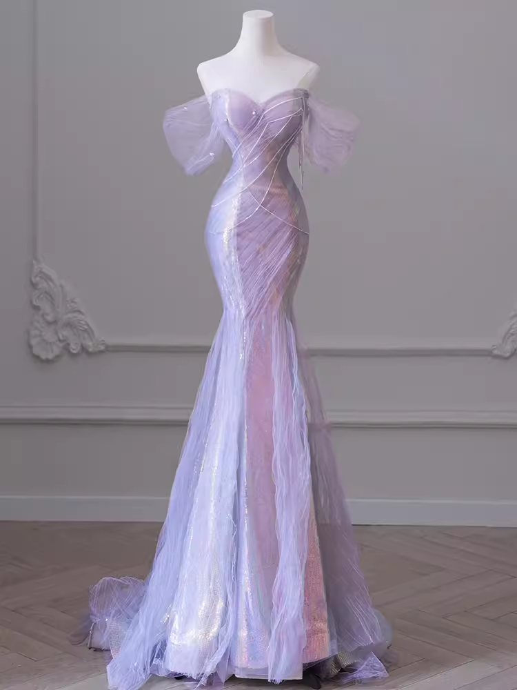 Sexy Mermaid Off-the-Shoulder Light Lilac Long Prom Dresses Tulle Birthday Outfits - FashionDia