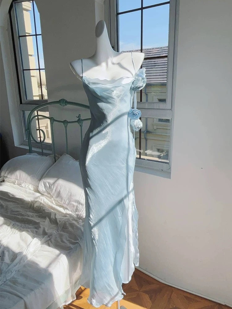 Pretty Mermaid Spaghetti Straps Light Sky Blue Long Prom Dresses Evening Dress