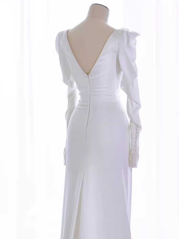 Vintage Mermaid Long Sleeves White Satin Long Wedding Dresses - View 4 | FashionDia