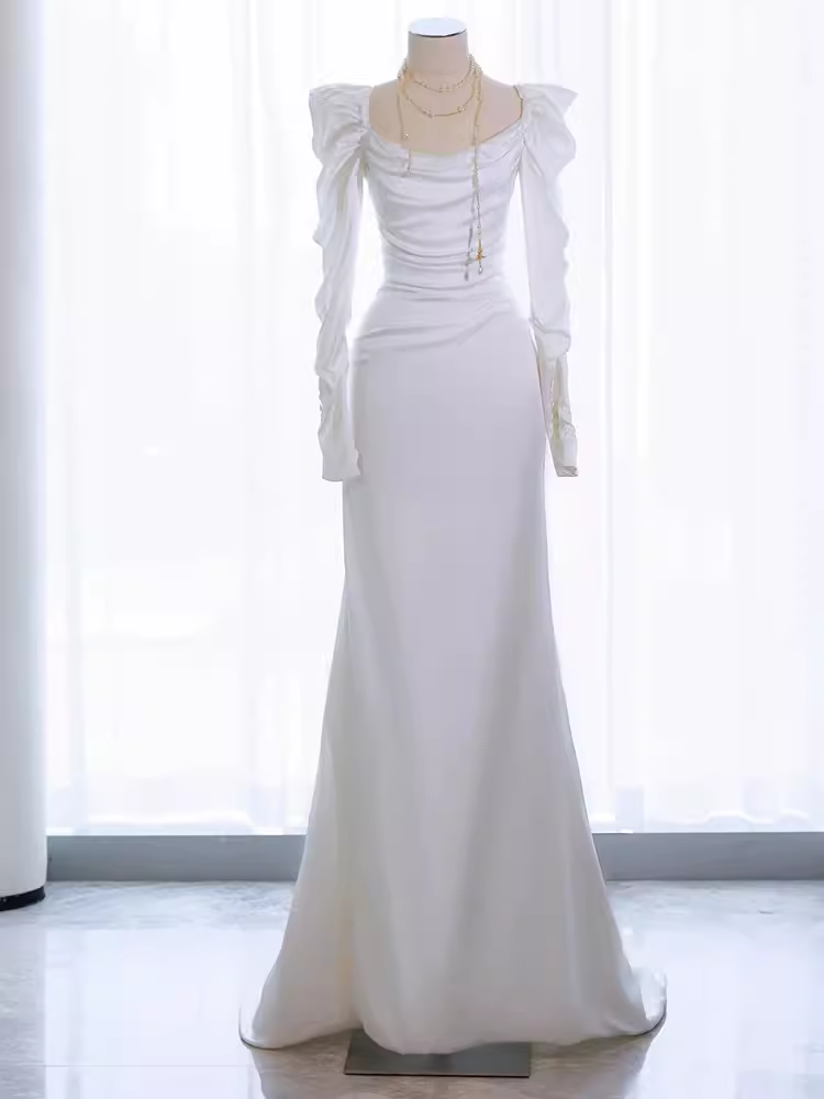 Vintage Mermaid Long Sleeves White Satin Long Wedding Dresses - FashionDia