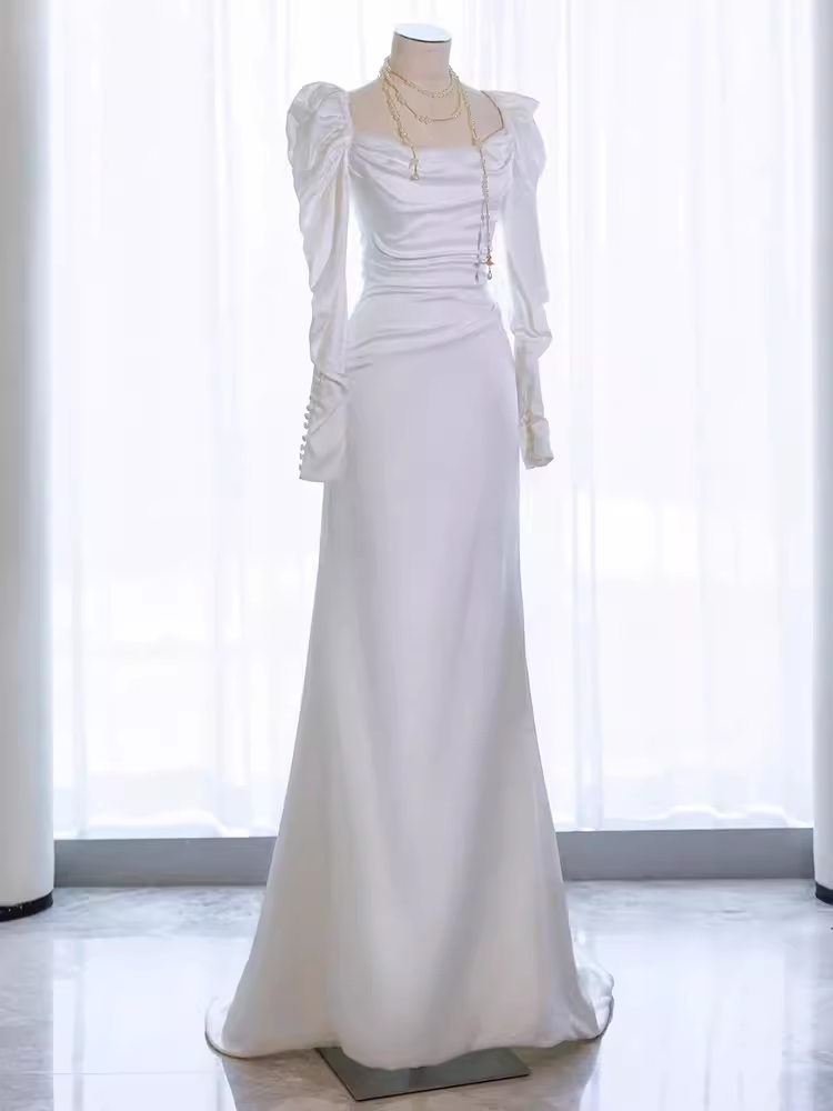Vintage Mermaid Long Sleeves White Satin Long Wedding Dresses - View 2 | FashionDia