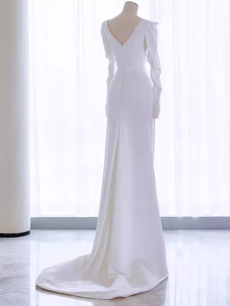Vintage Mermaid Long Sleeves White Satin Long Wedding Dresses - View 3 | FashionDia