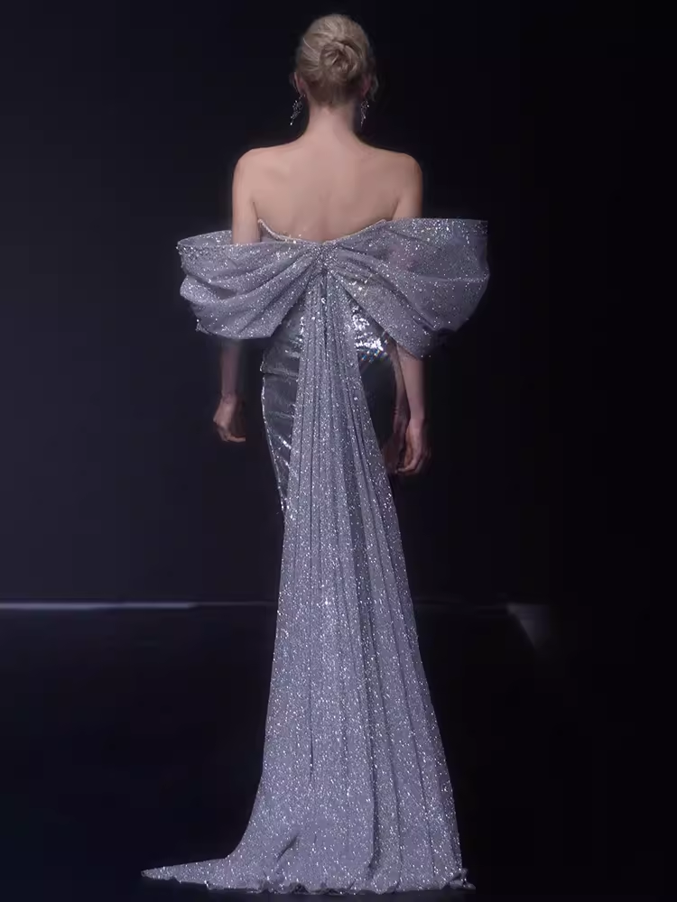 Sexy Mermaid Strapless Sequin Silver Slit Prom Dresses Long Birthday Outfits
