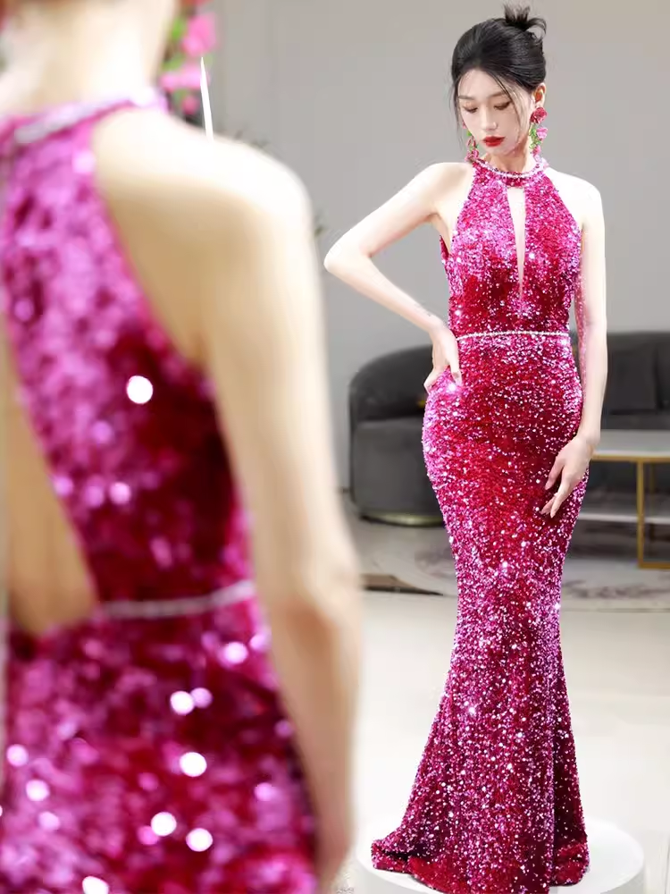 Sexy Mermaid Scoop Neckline Sequin Prom Dresses Long Birthday Outfits - FashionDia