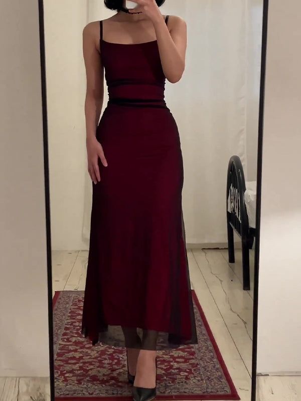 Fancy Sheath Straps Burgundy Black Long Prom Dresses - View 2 | FashionDia