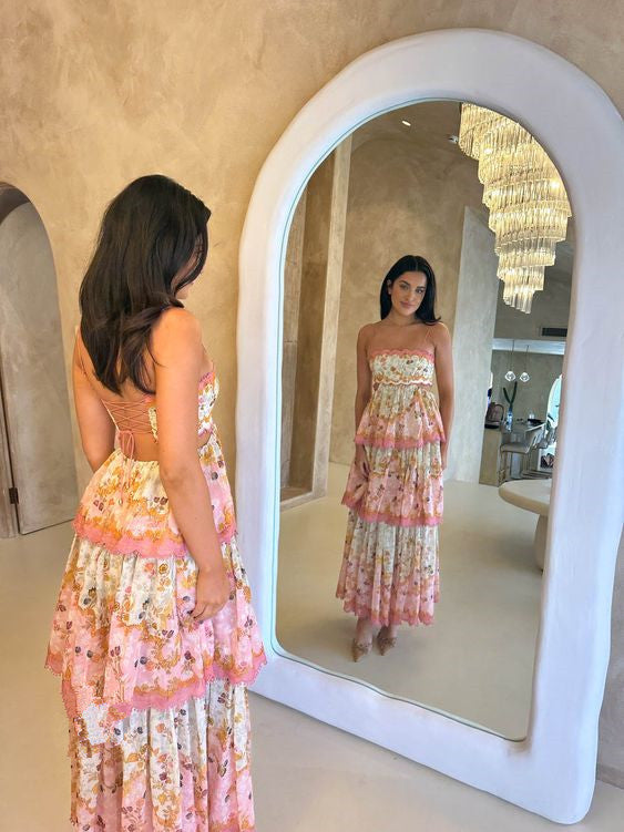 Pretty A line Spaghetti Straps Pink Floral Ruffles Backless Long Prom Dresses Evening Dress