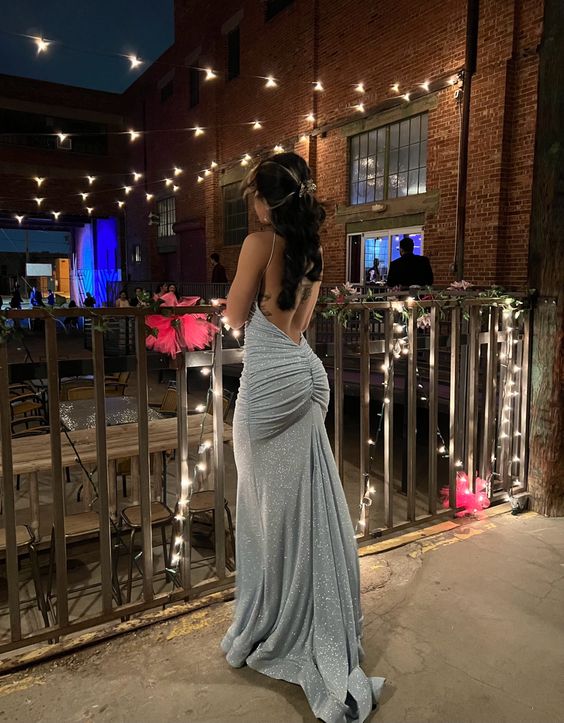 Sexy Mermaid Spaghetti Straps Gray Sequin Floor-Length Prom & Evening Dress - FashionDia
