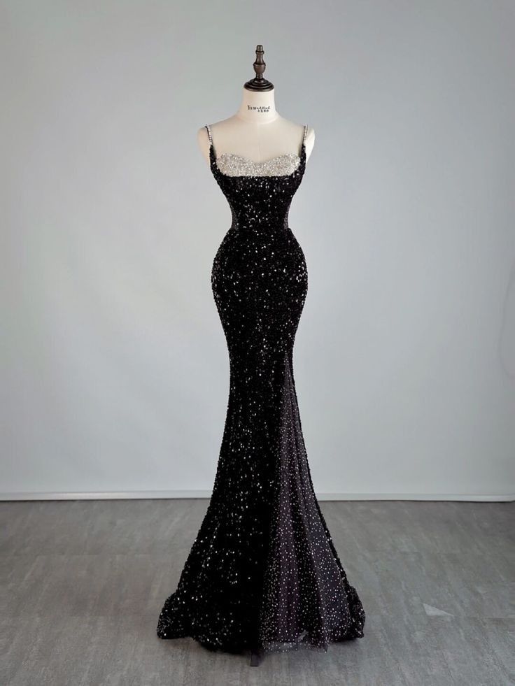Sexy Mermaid Spaghetti Straps Black Sequin Floor Length Prom Dresses Evening Dress