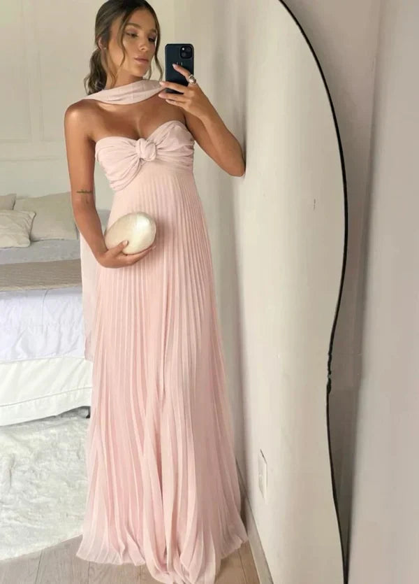 Classy A Line Strapless Light Pink Chiffon Long Prom Dresses Evening Dress With Ruffles
