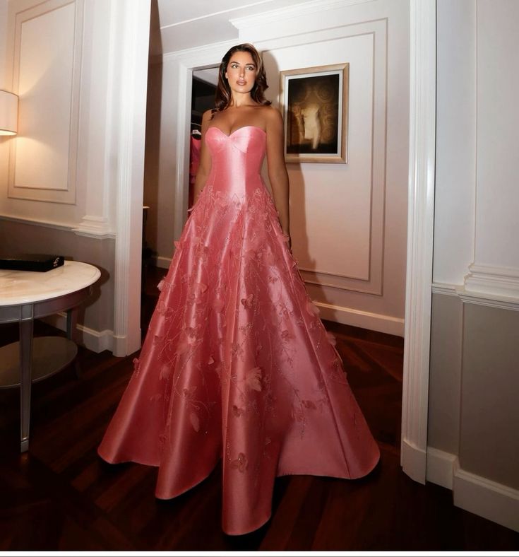 Classy A-Line Sweetheart Light Pink Satin Long Prom & Evening Dress With Beads Flowers - View 2 | FashionDia