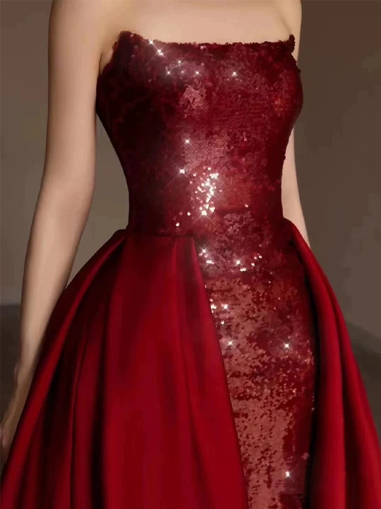Classy Sheath Strapless Burgundy Sleeveless Long Party Dress Sequin Prom Dresses - View 2 | FashionDia
