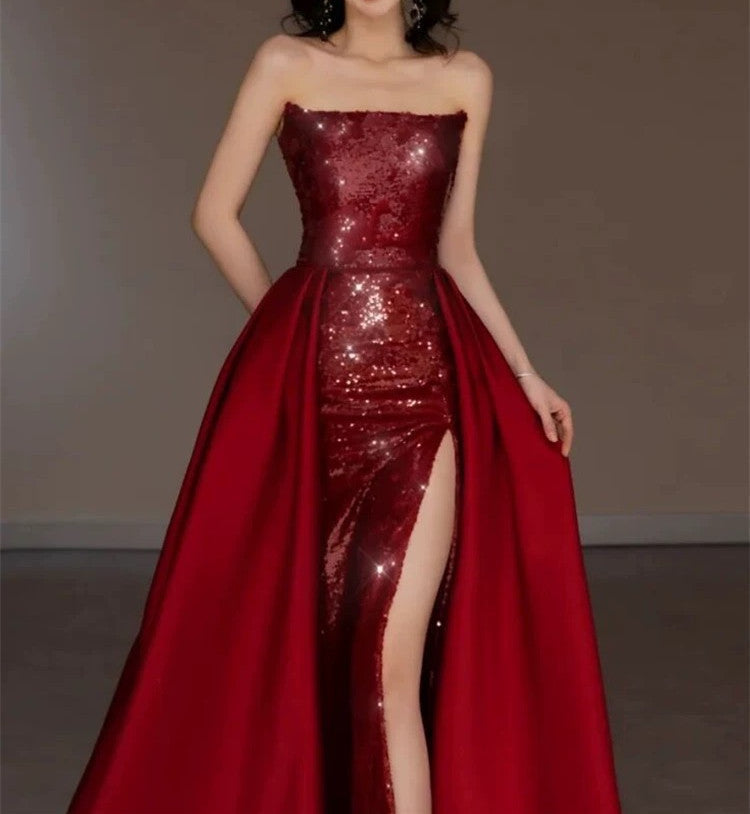 Classy Sheath Strapless Burgundy Sleeveless Long Party Dress Sequin Prom Dresses - View 3 | FashionDia