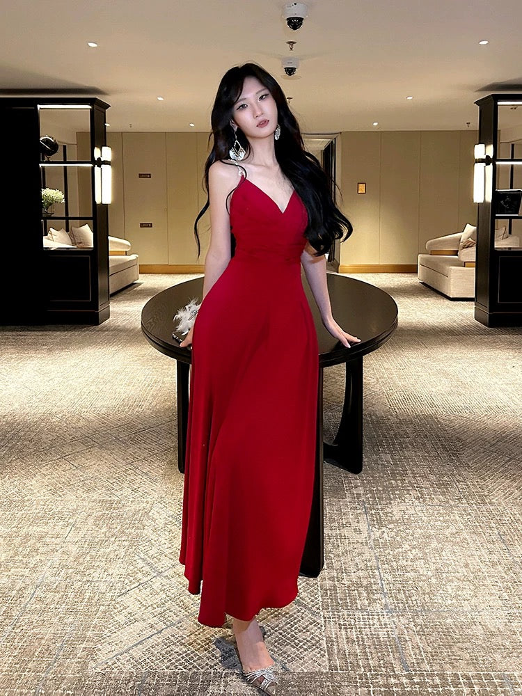 Pretty A-Line Straps Red Long Satin Prom Dresses Formal Evening Dress - FashionDia